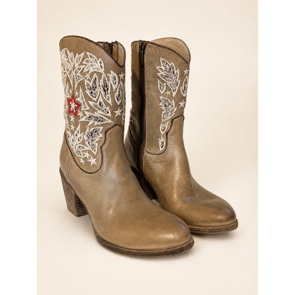 Marco Delli Italian Leather Embroidered Western Cowboy Boots Size 38 Taupe